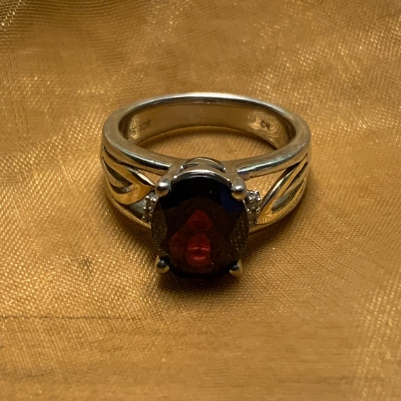 Garnet and Diamond Sterling Silver Ring with Gold Accents - Picture 2 of 7